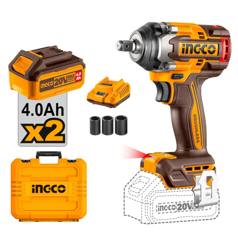 Avvitatore ad impulsi 1/2'' 500Nm con 2 batterie 20V 4Ah in valigetta - INGCO