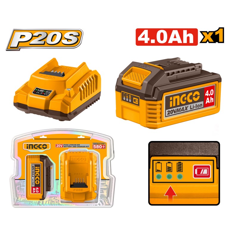 INGCO Charger Starter Kit + 20V 4.0Ah Lithium Battery