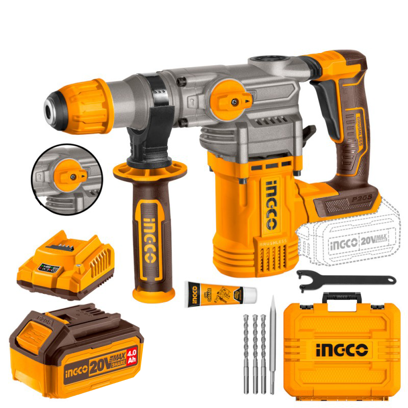 Martello demolitore 4,5J 20V BRUSHLESS con 2 batterie da 4Ah e caricabatteria in valigetta - INGCO