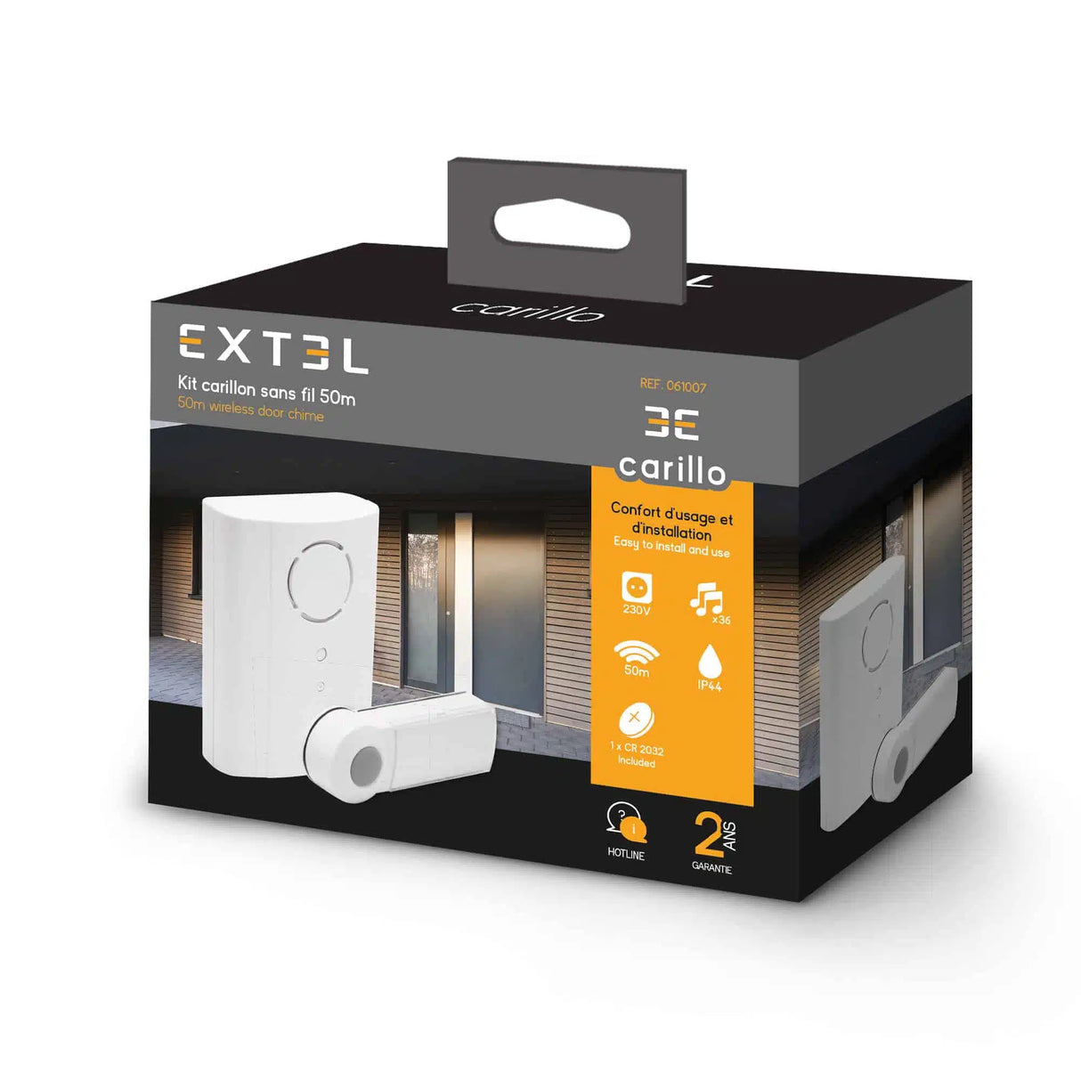 Mobiler kabelloser Klingelton oder zur Befestigung an der Wand. Reichweite 100 m Extel Carillo