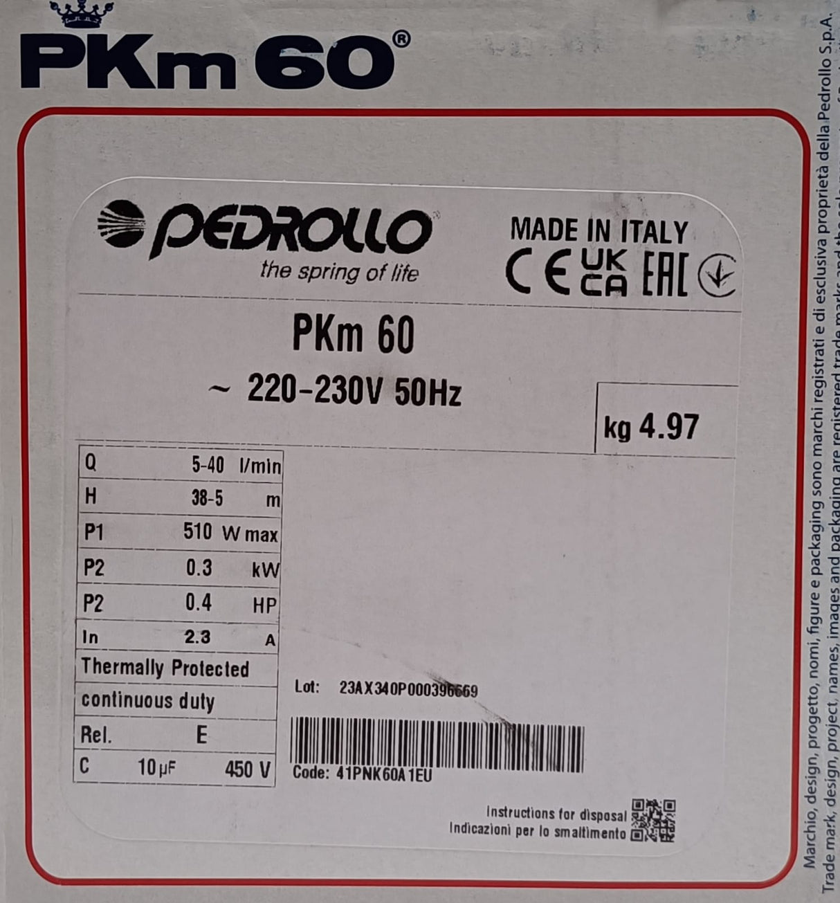 Pedrollo Elettropompa PKm 60 HP 0,40 con girante periferica monofase - RICONDIZIONATO