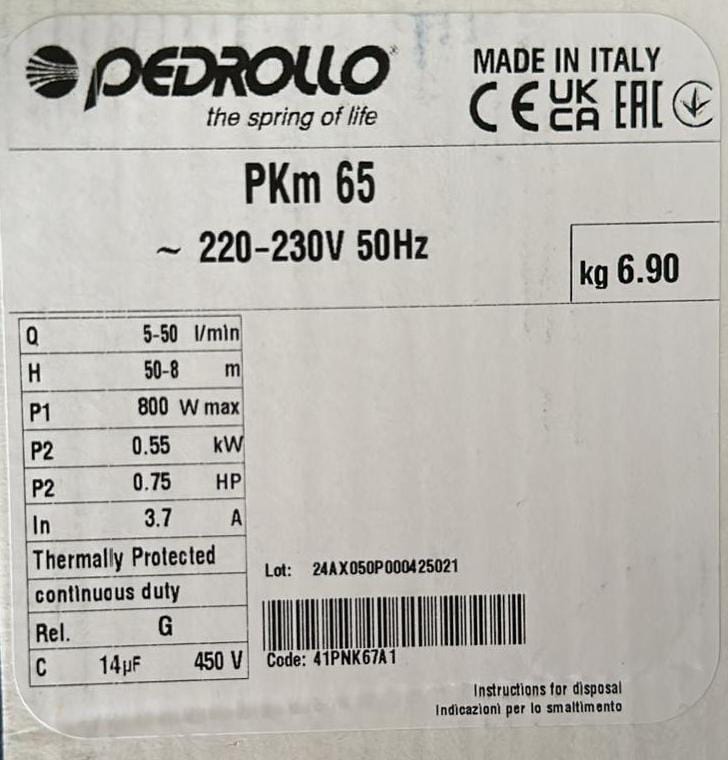 Elettropompa Pedrollo PKm 65 HP 0,75 con girante periferica monofase RICONDIZIONATA