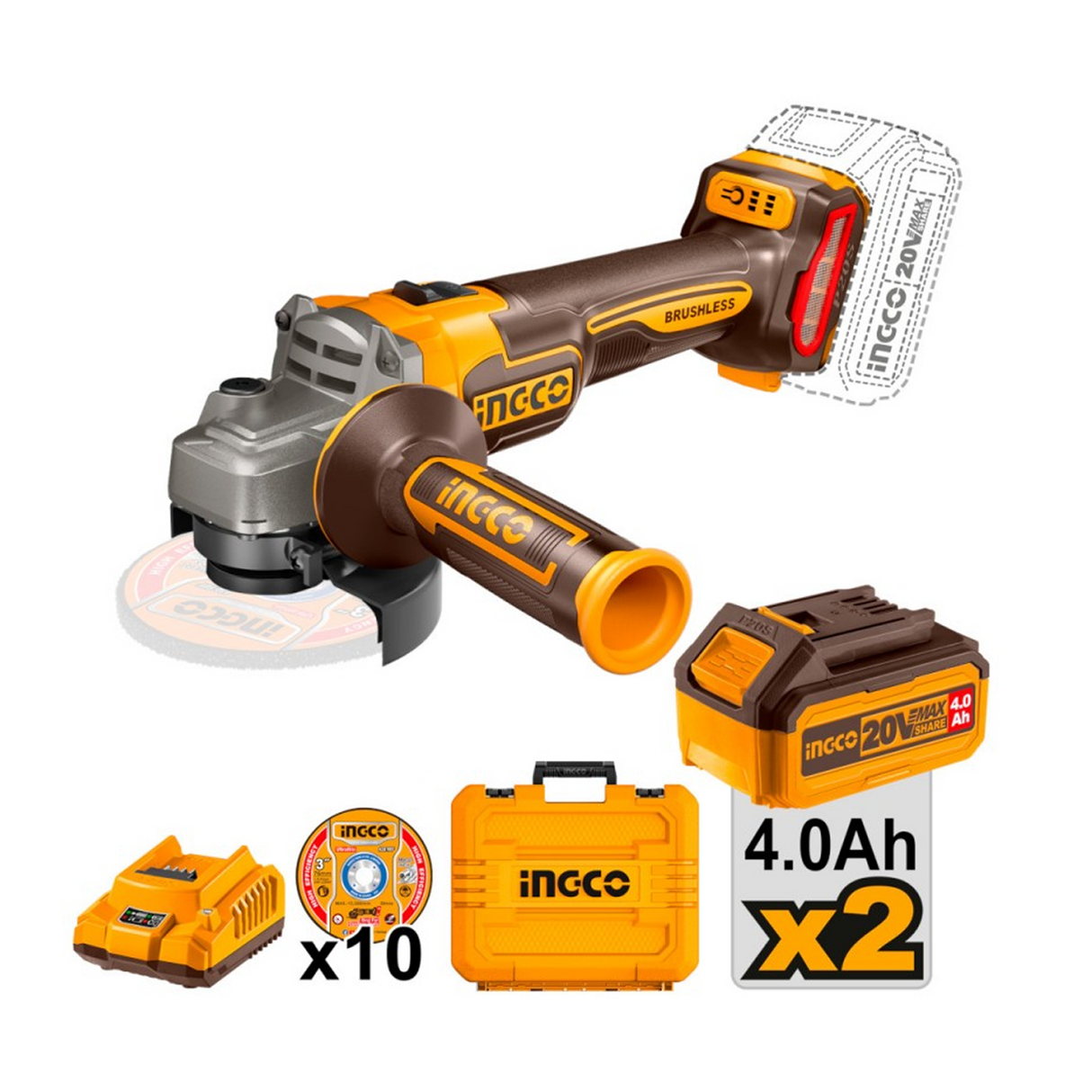 INGCO Smerigliatrice angolare 115mm 20V  con 2 batterie + 10 dischi in valigetta