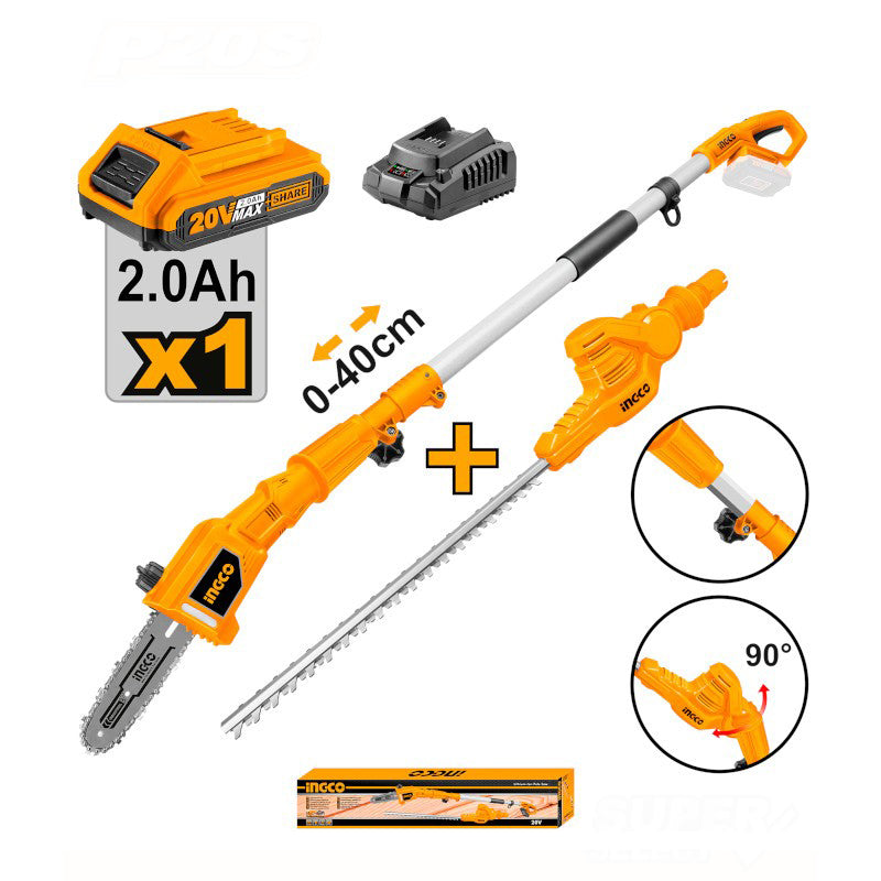 INGCO Set Tagliasiepi + Sega Potatore con asta telescopica a batteria 20V 2,0Ah