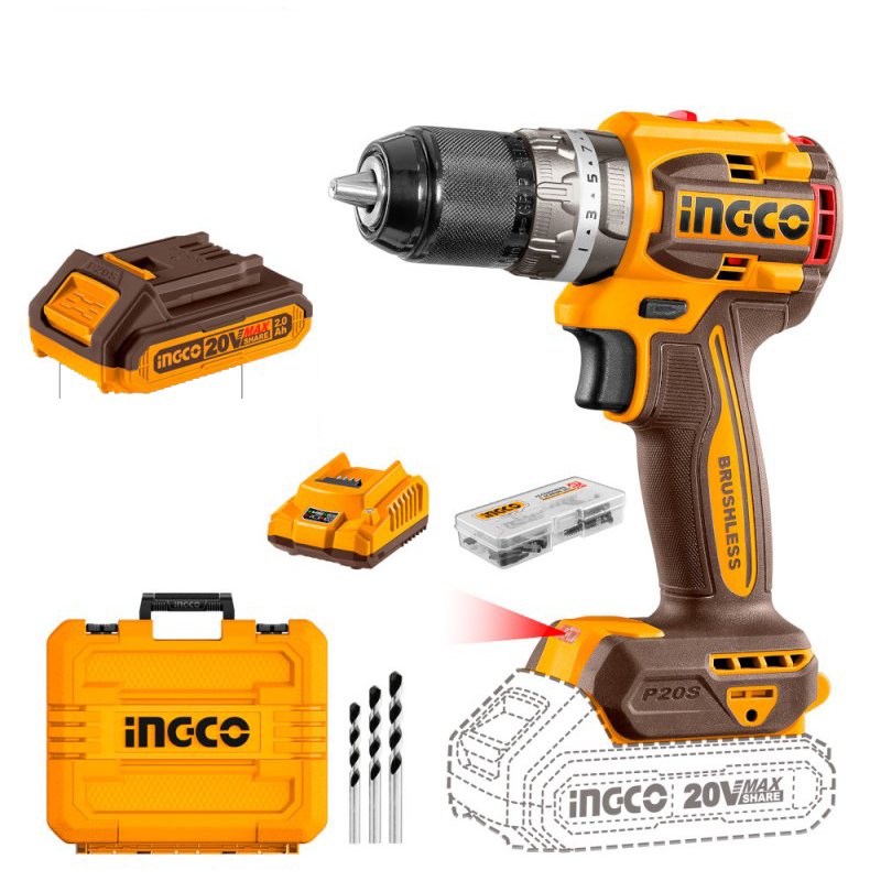 INGCO Trapano Avvitatore COMPACT con percussione 20V 60Nm BRUSHLESS con 2 batterie 2Ah
