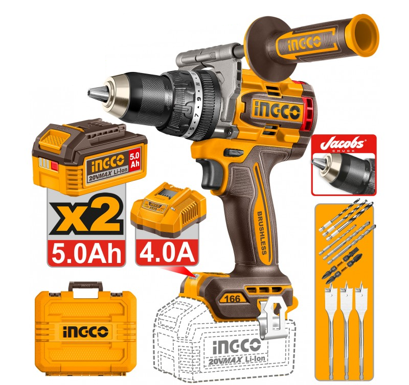 Ingco trapano a percussione 166 Nm a batteria con 2 batterie 5,0Ah e valigetta – CIDLI201668E