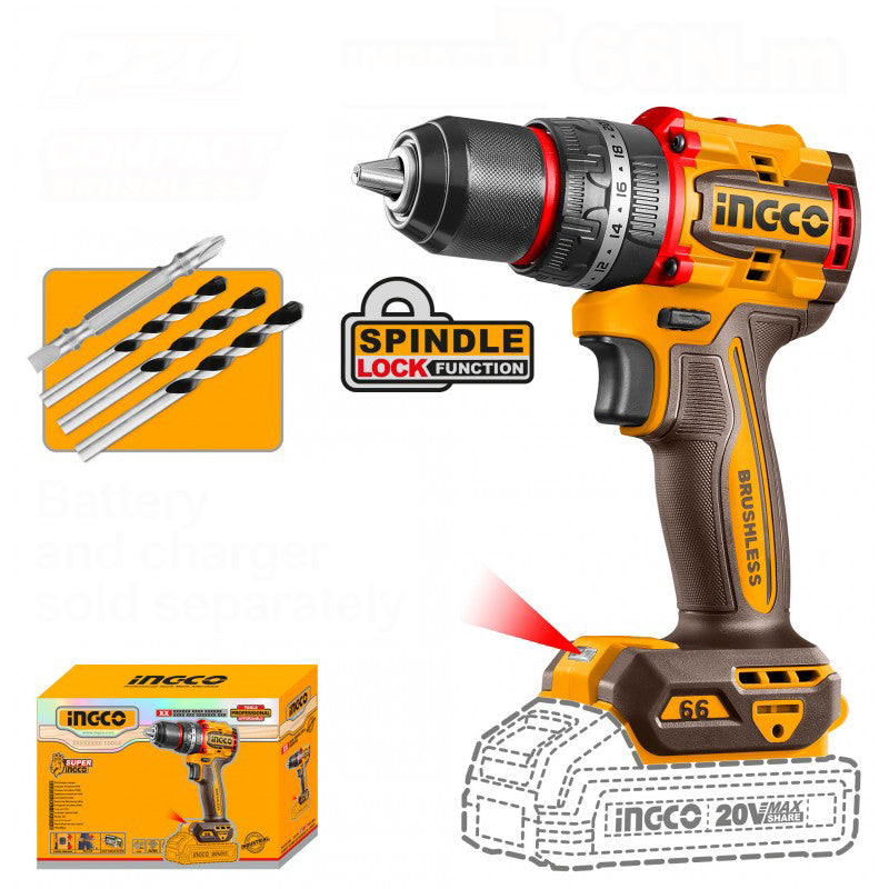 INGCO Trapano Avvitatore COMPACT con percussione 20V 66Nm BRUSHLESS nudo ( solo corpo )