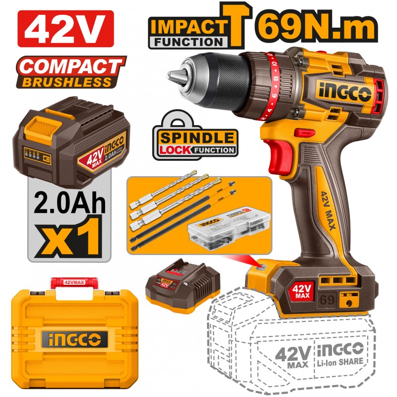 INGCO – Trapano Percussione Brushless 42V | 69Nm | Kit Batteria + 47 Accessori