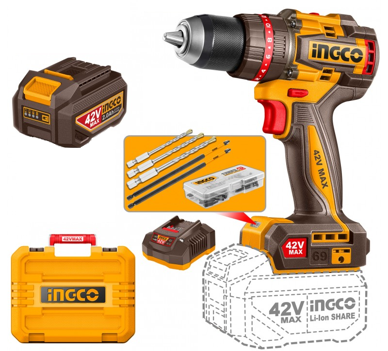 INGCO – Trapano Percussione Brushless 42V | 69Nm | Kit Batteria + 47 Accessori