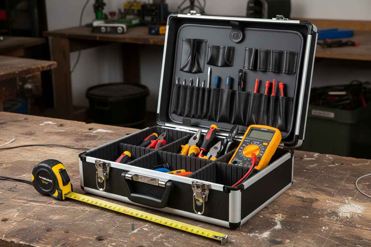 VIGOR 40545-10 – Valigetta Elettricista Alluminio | Spigoli Tondi 46x34x16cm | Porta Attrezzi Estraibile