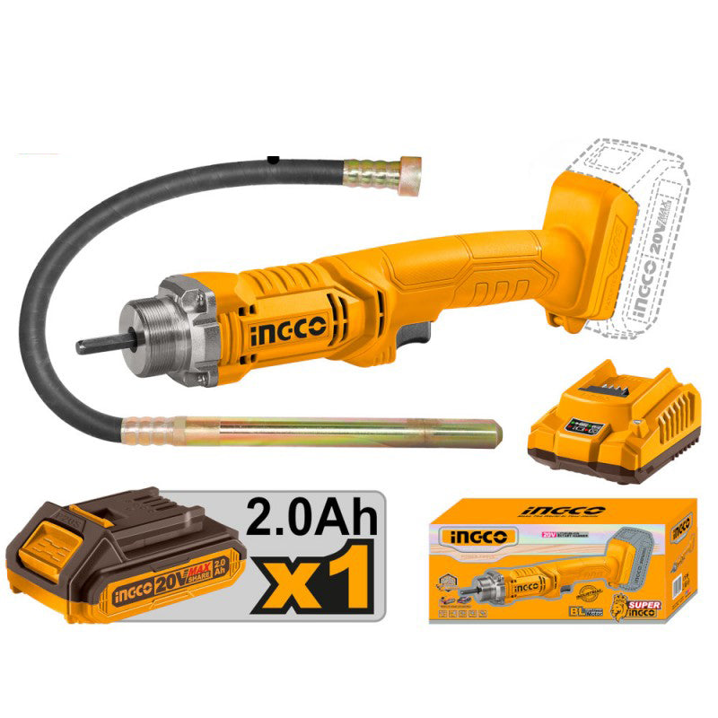 INGCO Vibratore per calcestruzzo a batteria 20v con 1 batteria 2Ah e caricabatteria