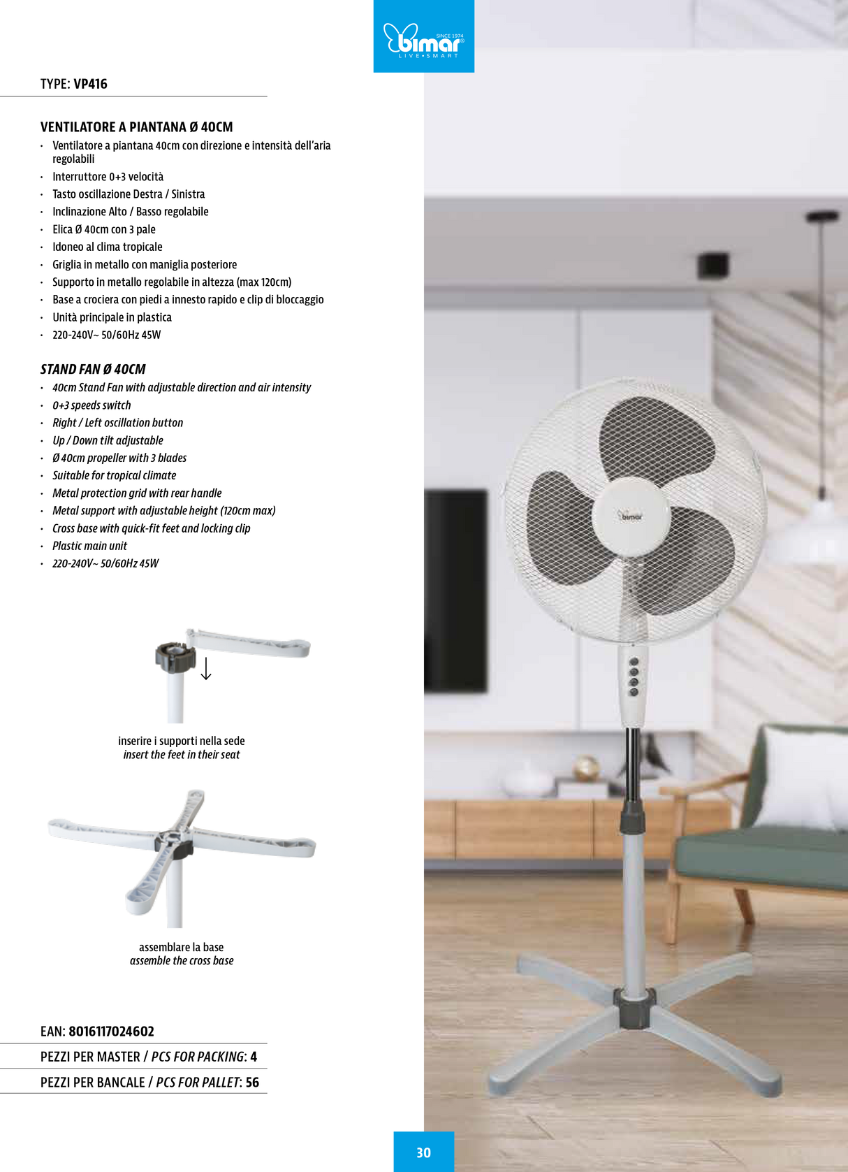 Bimar Ventilatore a piantana 3 pale Ø40cm 45W