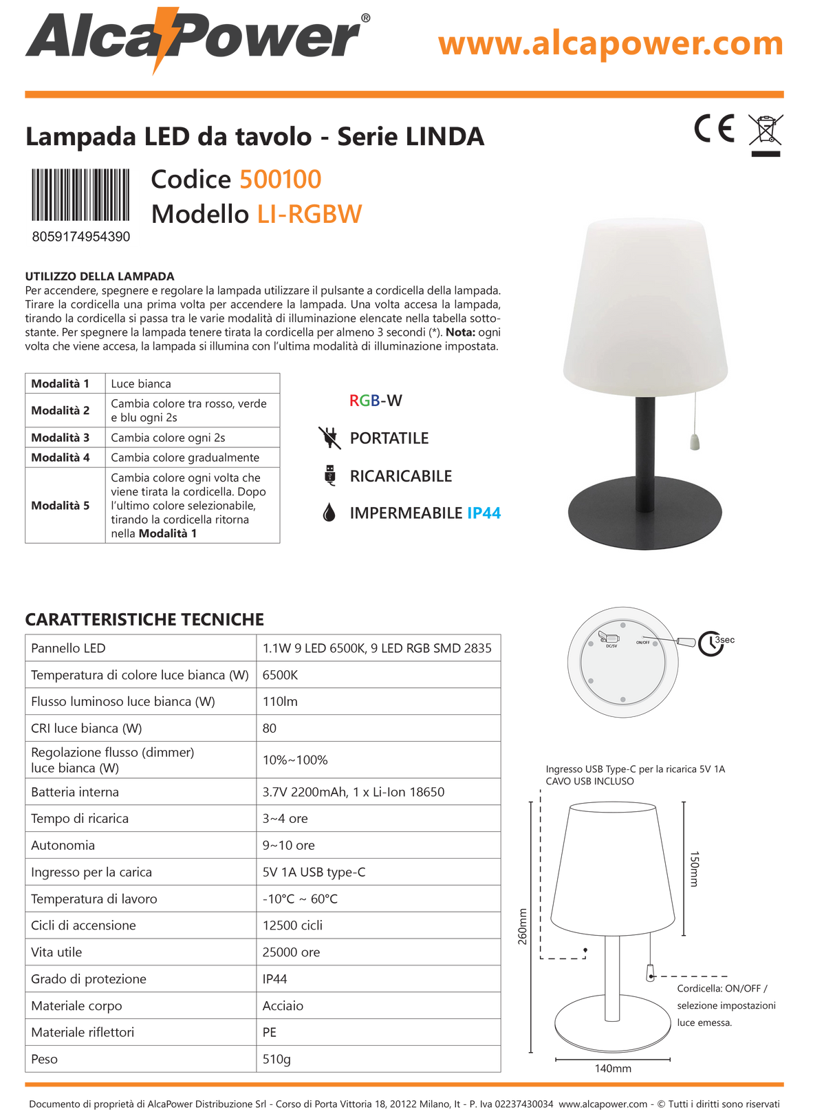 Lampada LED da tavolo ricaricabile dimmerabile RGB+White Linda - Alcapower
