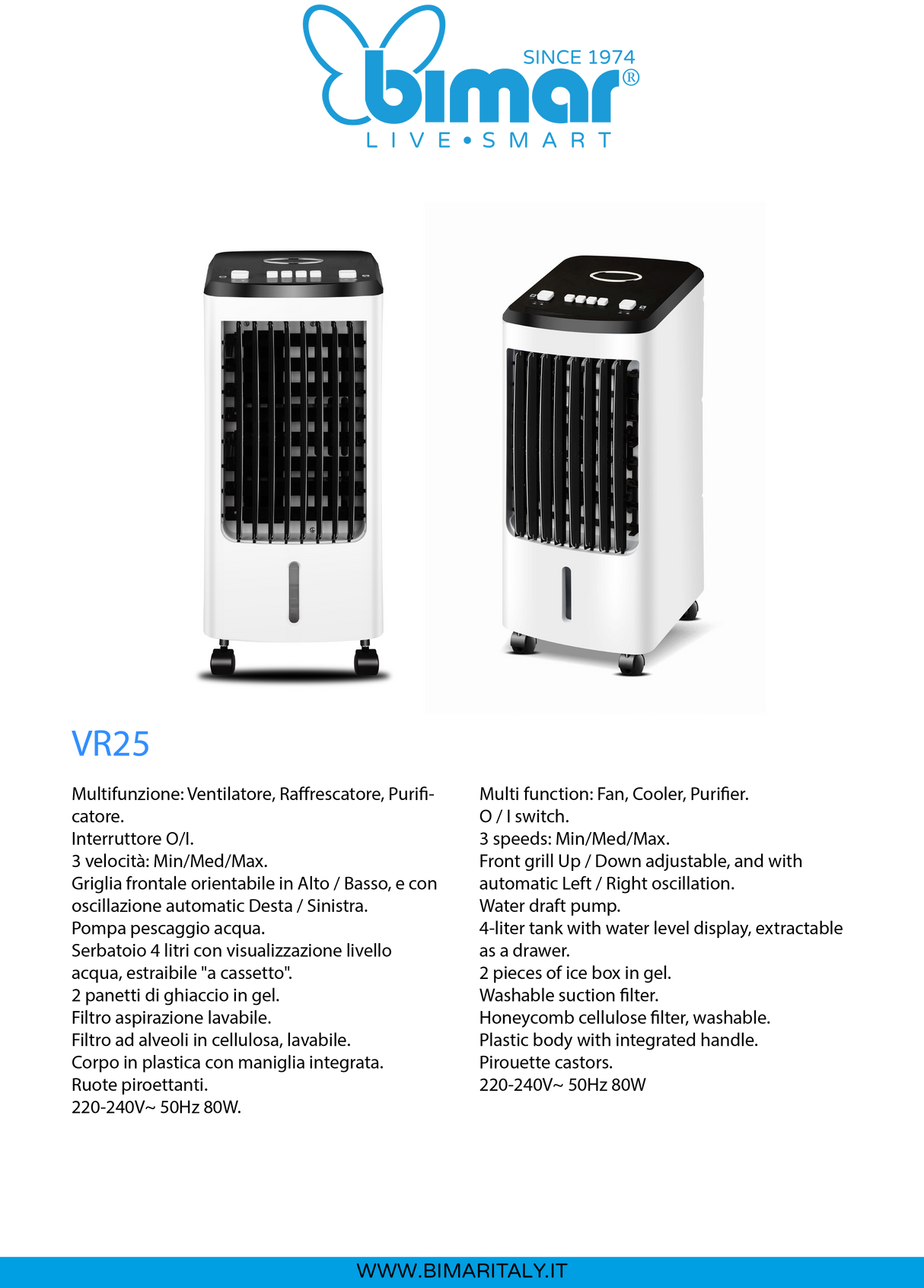 Bimar raffrescatore purificatore d'aria meccanico con serbatoio 4 LT