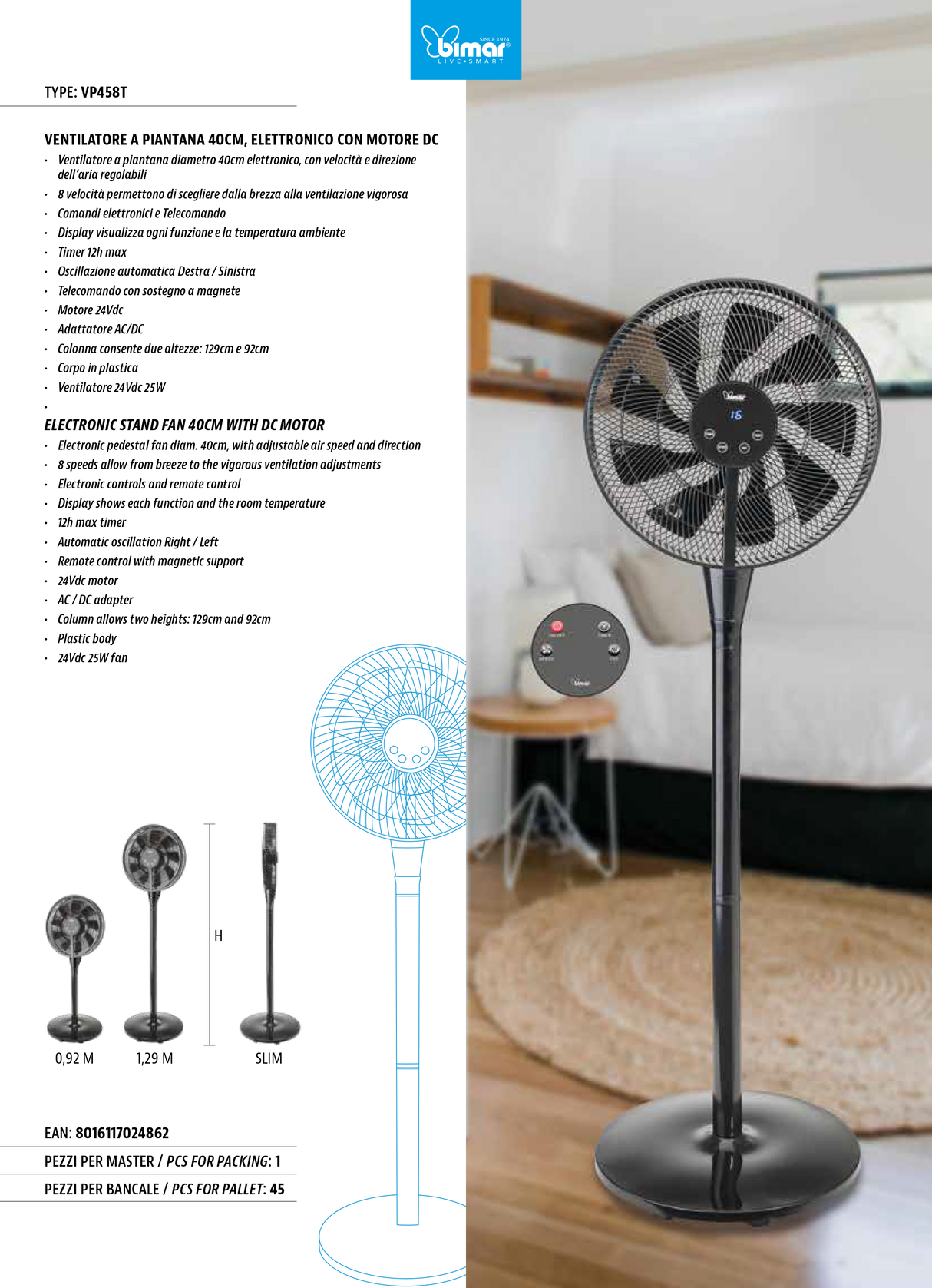 Bimar Ventilatore a piantana elettronico con motore DC Ø40cm