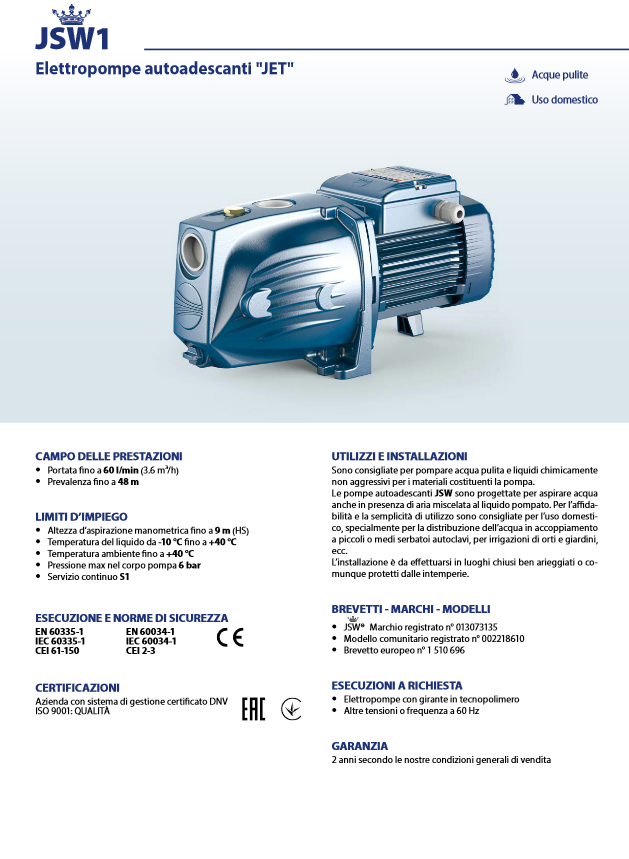 PEDROLLO JSWm 1AX - 0.75HP self-priming electric pump - for autoclave