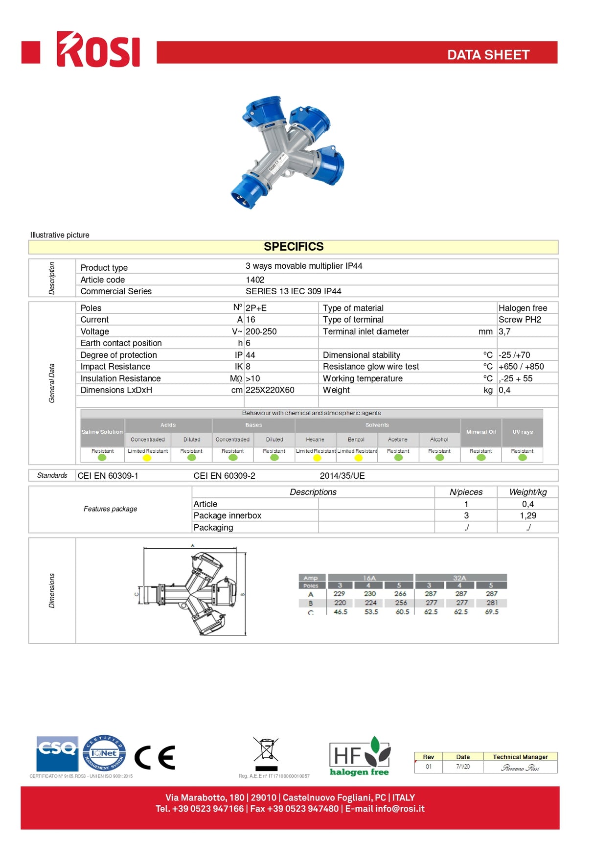 Industrial adapter Mobile multiplier with 3 outputs IP44 16A 2P+E 220V