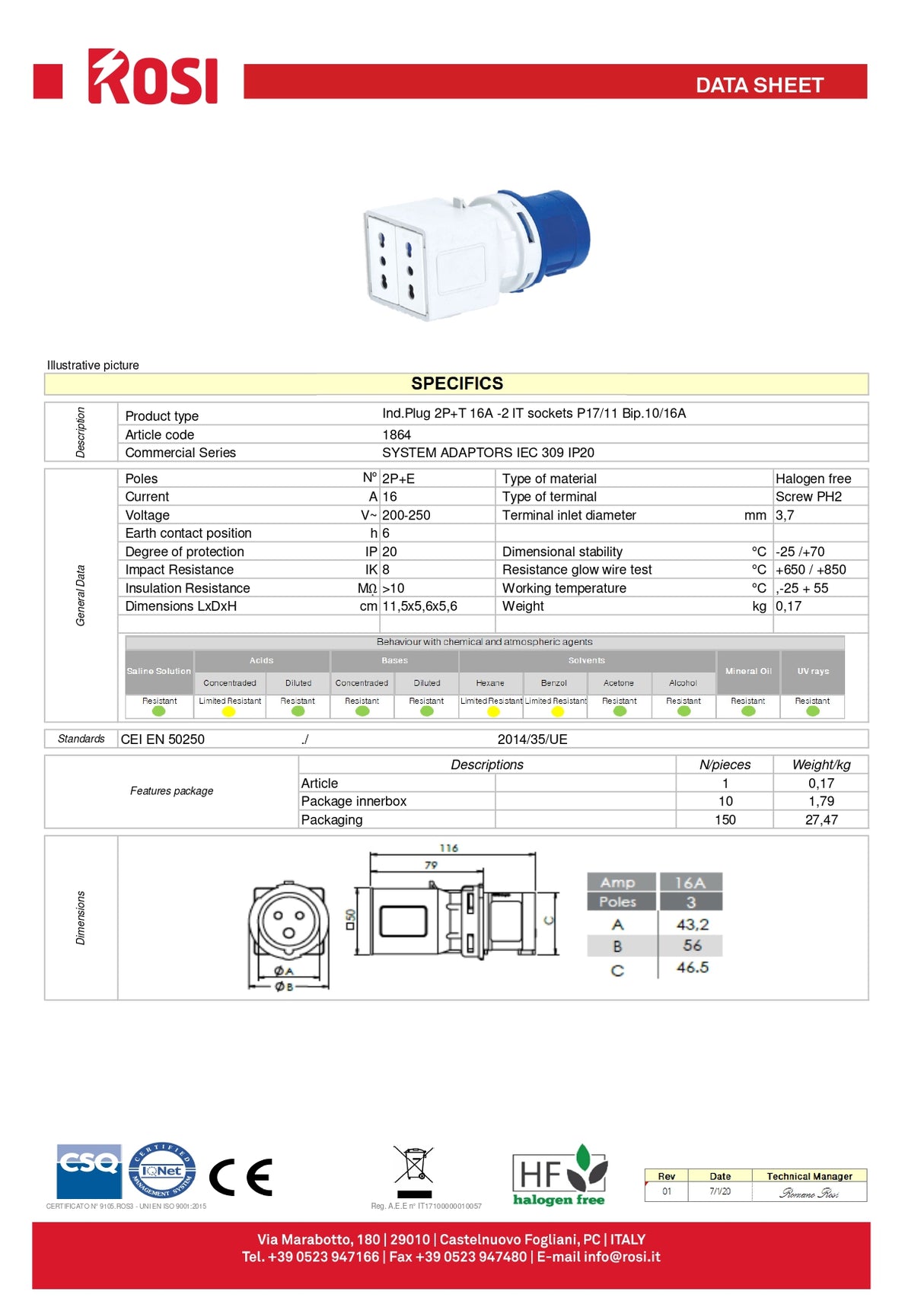 Industrial adapter plug CEE 2P+E 16A - 2 sockets 16A 220V ROSI