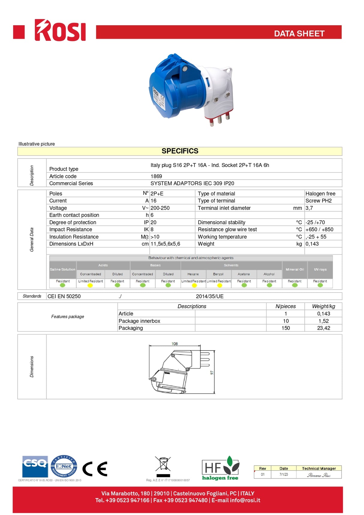Industrial adapter 16A plug + CEE 2P+T 220 volt socket