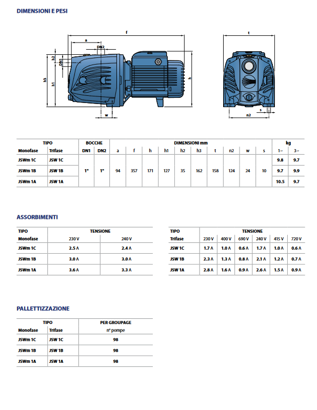 PEDROLLO JSWm 1AX - 0.75HP self-priming electric pump - for autoclave