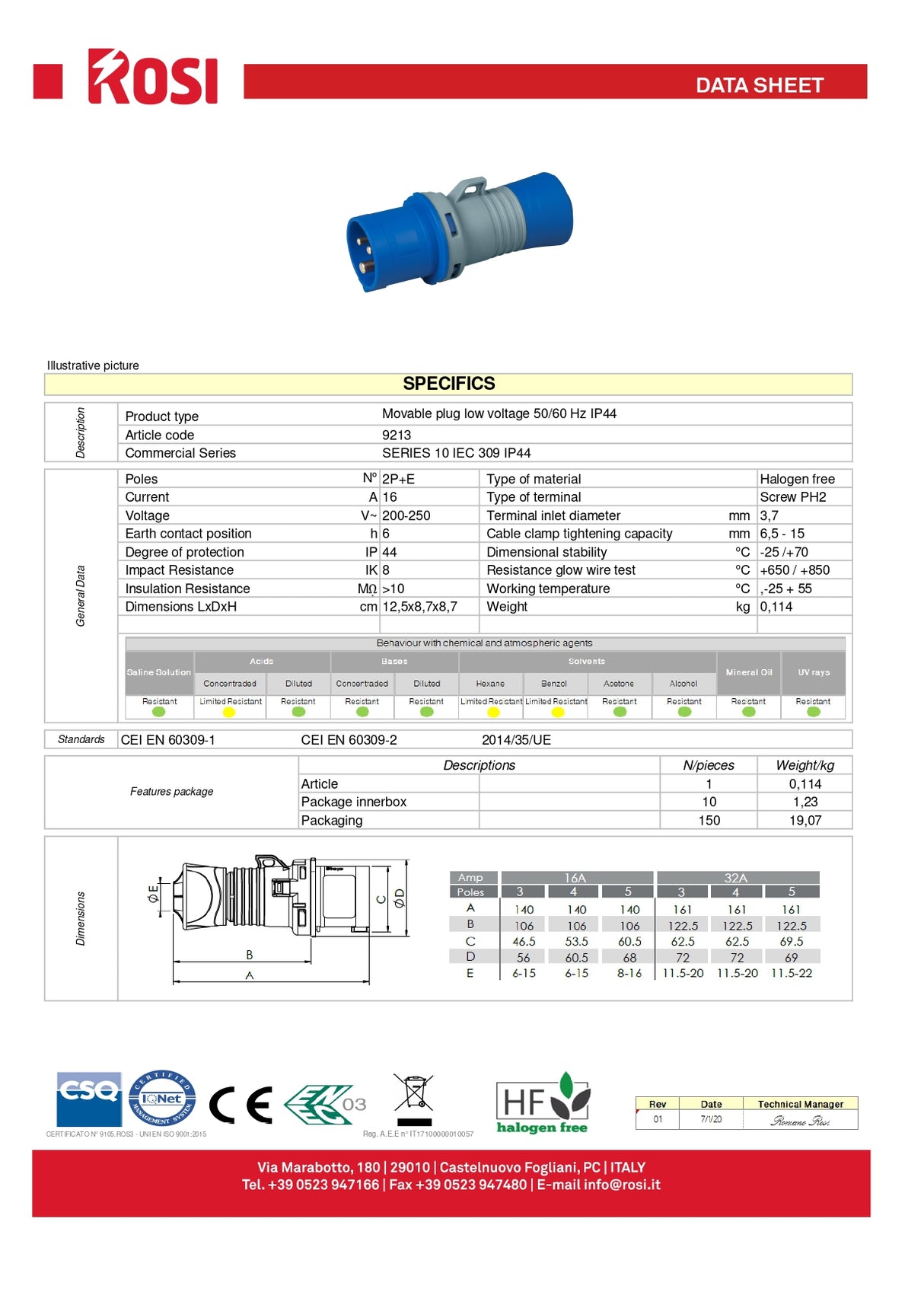 Industrial flying plug CEE 16A 2P+E 220V IP44 ROSI