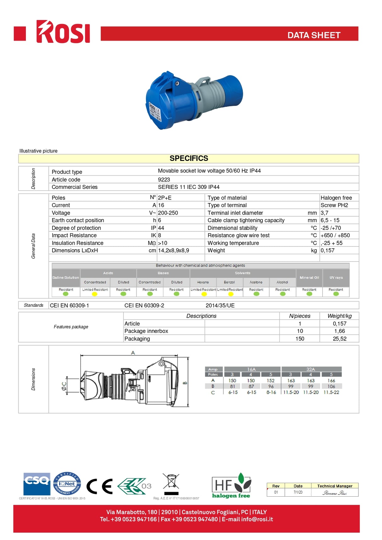 Industrielle fliegende Steckdose CEE 16A 2P+E 220V IP44 ROSI