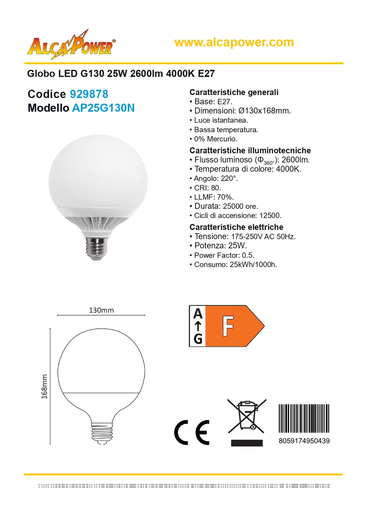 Globo LED G130 25W 2600lm 4000K E27