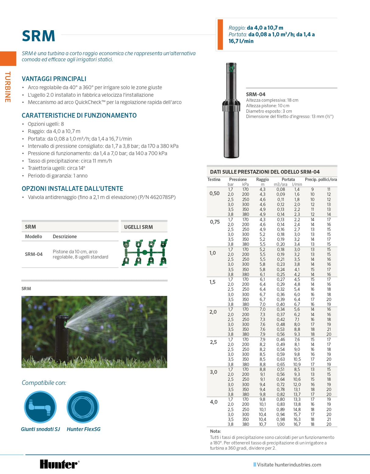 HUNTER Irrigatore dinamico a turbina SRM 04 attacco da 1/2" alzata 10 cm