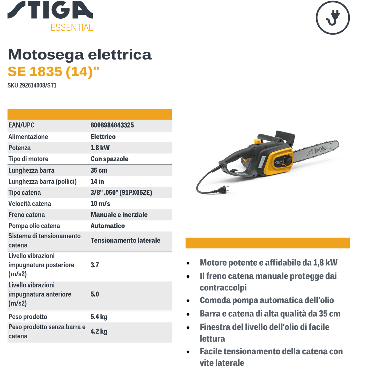 STIGA 1800W electric saw - SE 1835 - 35cm bar