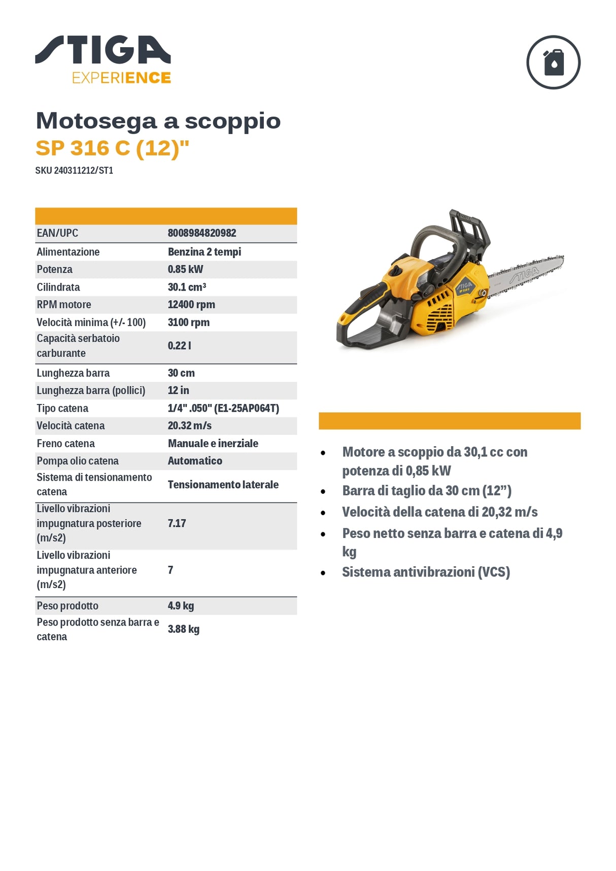 Motosega a scoppio STIGA SP 316 C con barra di taglio da 30 cm (12") doppia impugnatura
