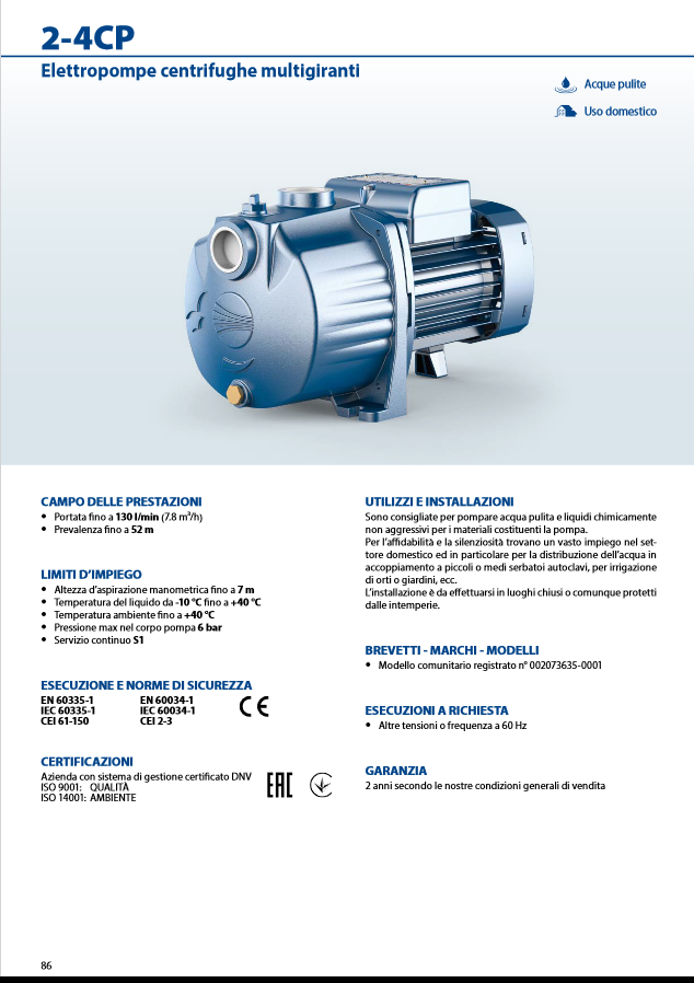 Silent multi-impeller centrifugal electric pump PEDROLLO 4CPm100 HP. 1.0
