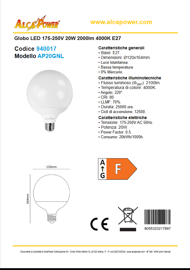 LED Kugel 175-250V 20W 2100lm 4000K E27
