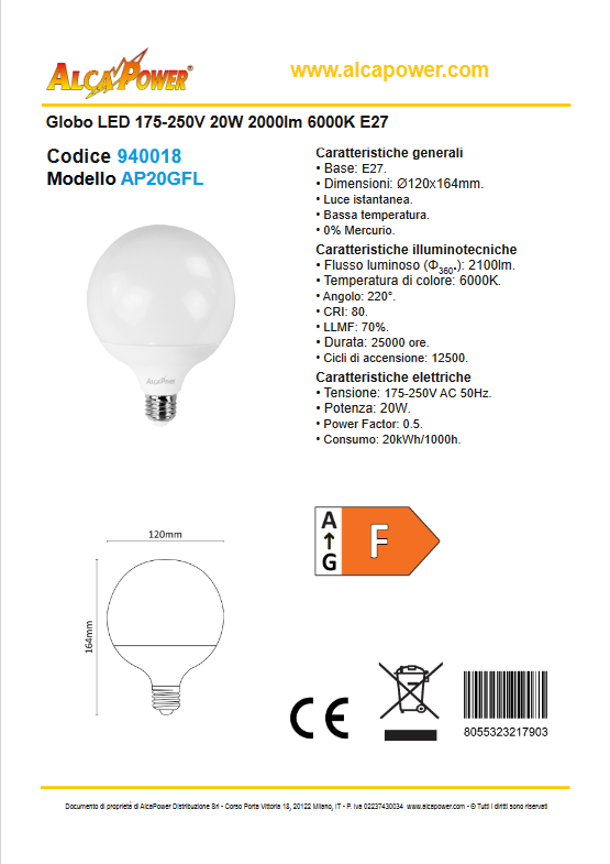 LED globe 175-250V 20W 2100lm 6000K E27