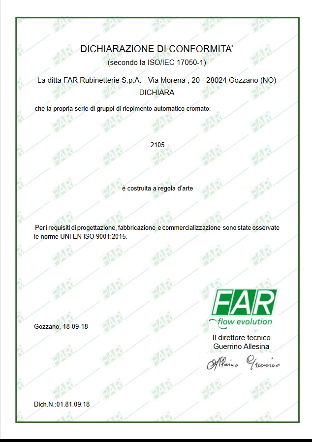 Automatic filling unit complete with FAR numbered knob