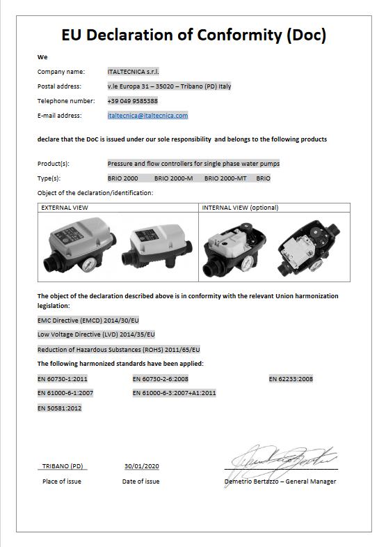 Presscontrol Electronic pressure regulator for ITALTECNICA BRIO electric pumps
