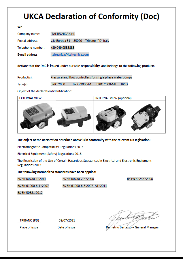 Presscontrol Electronic pressure regulator for ITALTECNICA BRIO electric pumps