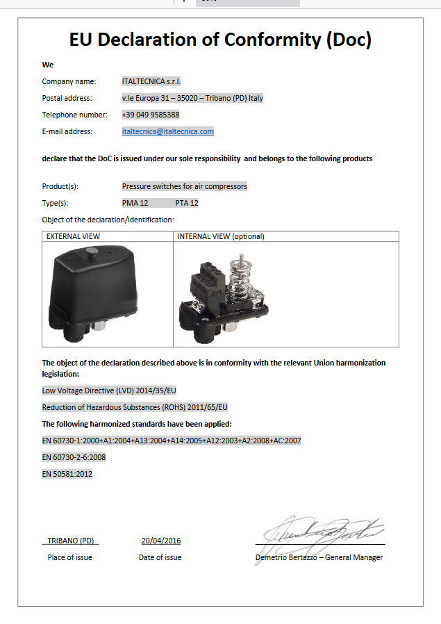 Air pressure switch for 14'' 4-way compressors PMA12