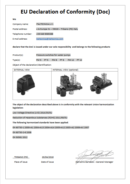 Pressure switch for autoclave 1.5-5.0 BAR PM/5G ITALTECNICA