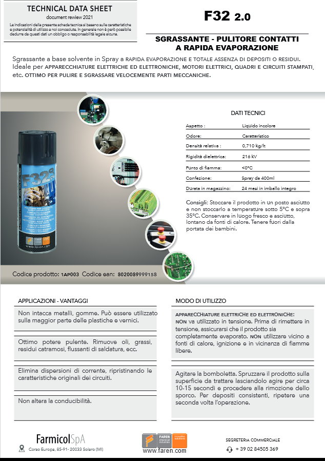 Sgrassante pulitore contatti elettrici a rapida evaporazione 400ml F32 FAREN