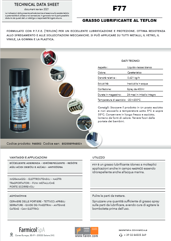 Lubricant spray with PTFE (teflon) 400ml F77 FAREN