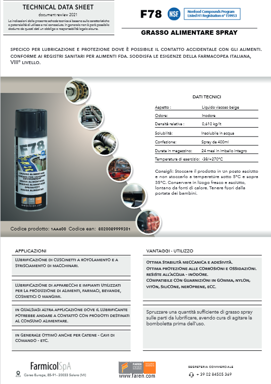 FAREN Grasso lubrificante spray alimentare 400ml F78