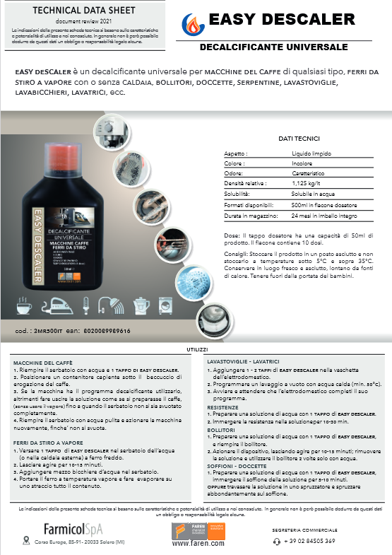 FAREN Decalcificante per macchine caffè, ferri da stiro, bollitori, doccette, soffioni 500ml EASY DESCALER