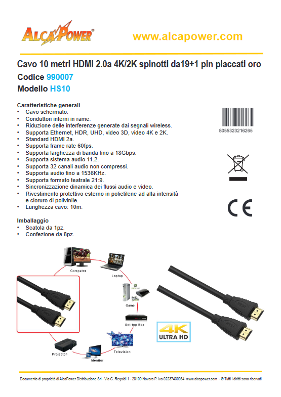 HDMI cable 10 meters 2.0a - 4K-2K Gold 19+1 pin plugs - ALCAPOWER