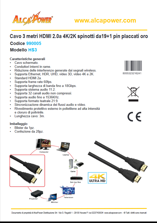 HDMI-Kabel 3 Meter 2.0a - 4K-2K Gold 19+1-Pin-Stecker - ALCAPOWER