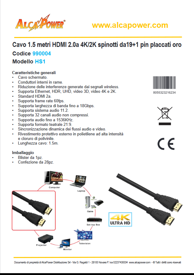 HDMI-Kabel 1,5 Meter 2.0a- 4K-2K Stecker 19+1-polig Gold - ALCAPOWER