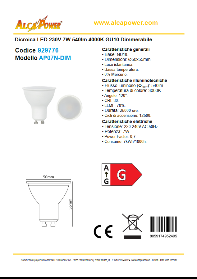 GU10 LED-Lampe 230V 7W 540lm natürliches Licht 4000K GU10 dimmbar - ALCAPOWER