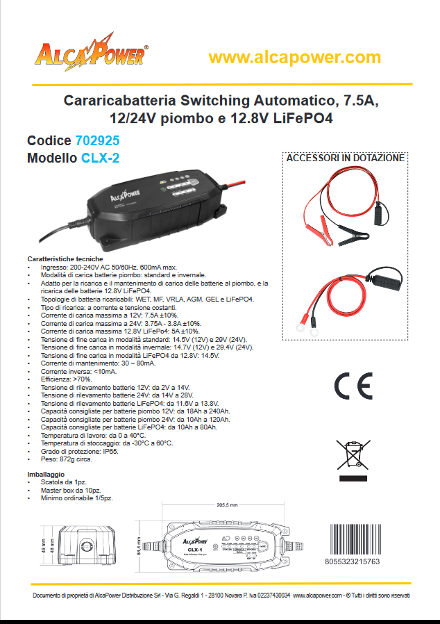 Automatic Switching Battery Charger with charge maintainer function 7.5A 12/24V - ALCAPOWER