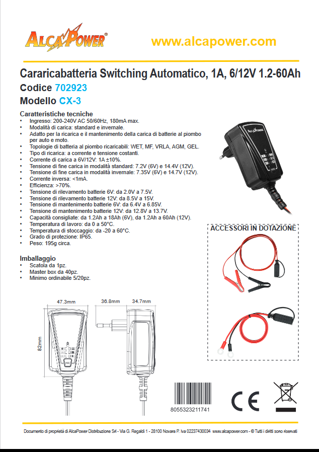Automatisch umschaltendes Batterieladegerät mit Ladeerhaltungsfunktion 1A 6/12V - ALCAPOWER