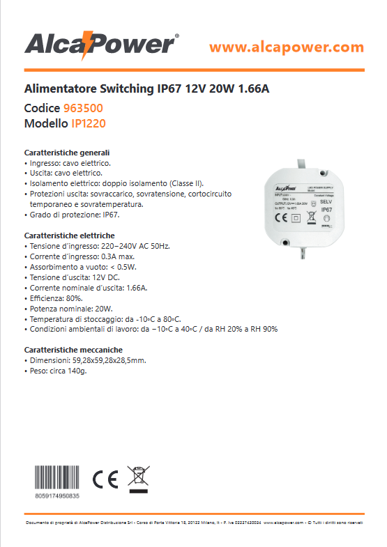 Eingebautes Schaltnetzteil IP67 12V DC 20W 1,66A