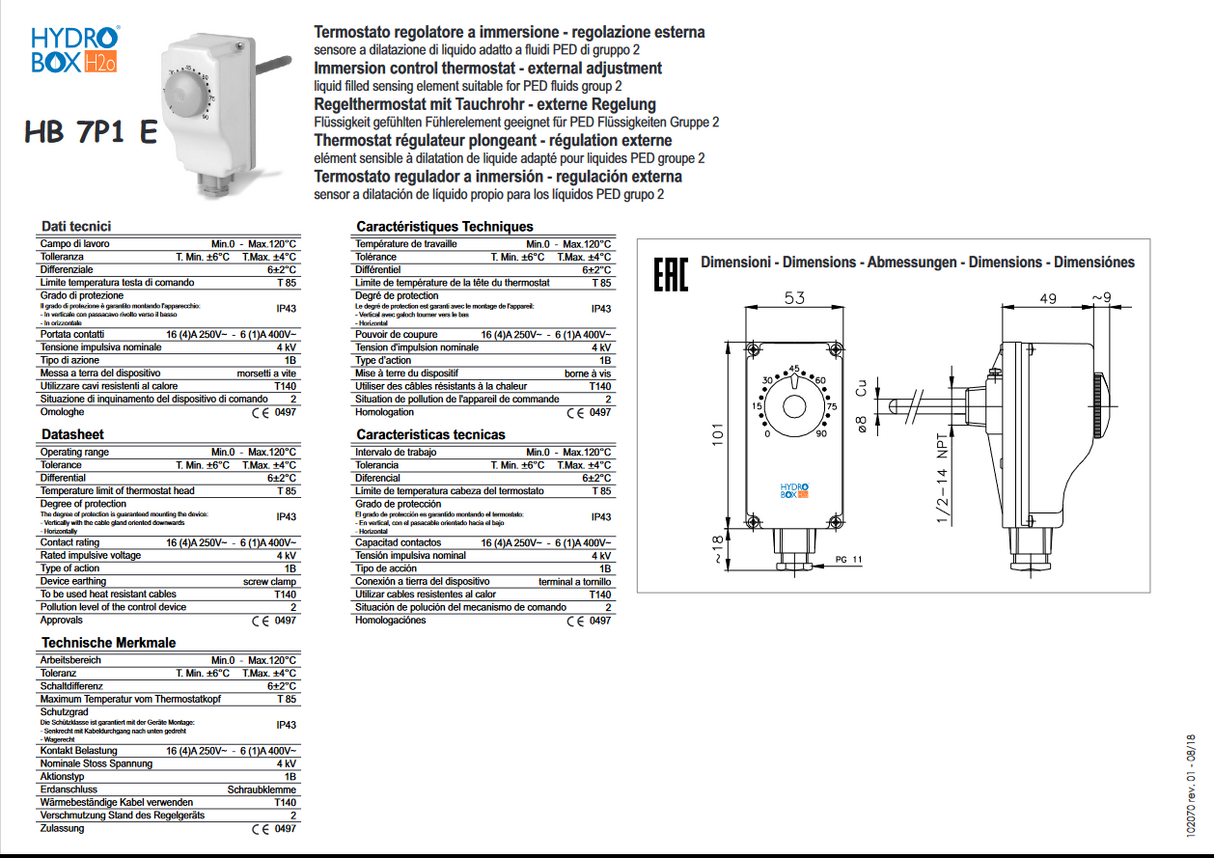 Termostato ad immersione 0-90°C regolazione esterna HB 7P1 E - 102070